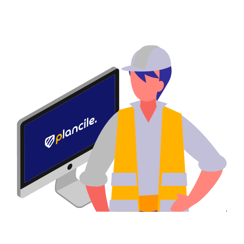Illustration d'un professionnel de chantier regardant un écran d'ordinateur affichant le logo Plancile.