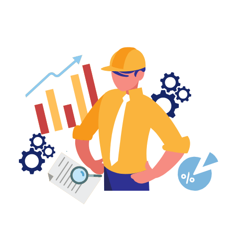 Illustration d'un chef de projet de sécurité portant casque et cravatte entouré de graphiques et de documents.