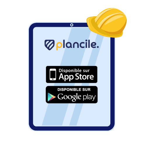 Illustration d'une tablette décrivant les magasins d'applications où télécharger l'application Plancile.